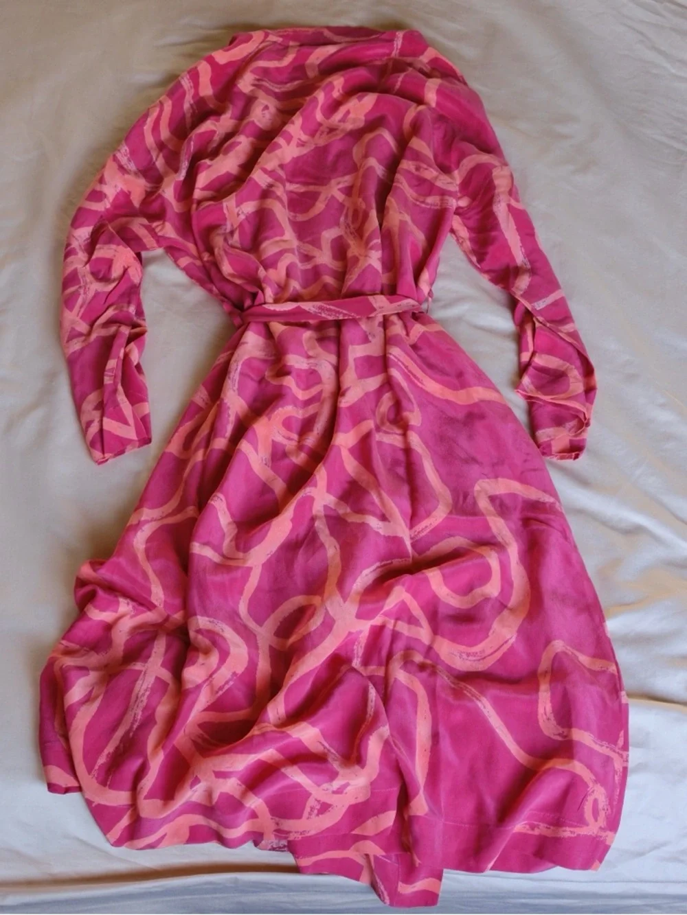 Luxury 100% Silk Ahimsa Robe Kimono Pink Scribble Resort Robe De Voyage NWOT